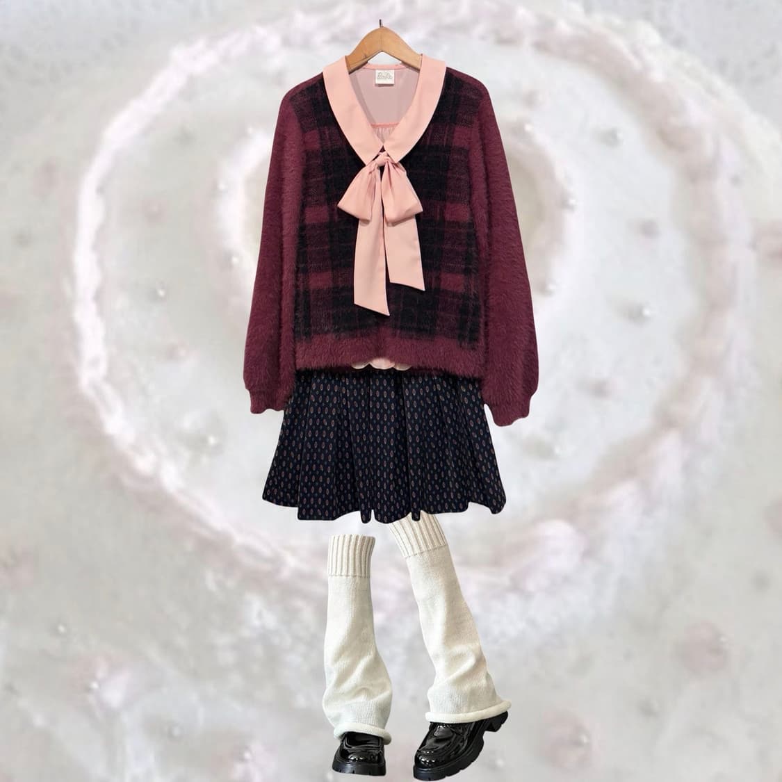 일본 빈티지 버건디 클래식 체크 프레피 브이넥 앙고라 퍼 니트 상품이미지5