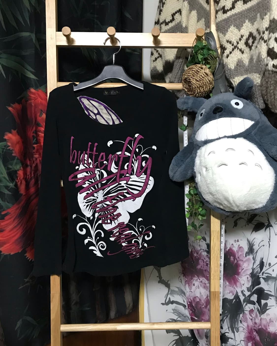 M.K.R 빅 호피 퍼플 나비 자수 펑크 블랙 롱 슬리브 상품이미지1