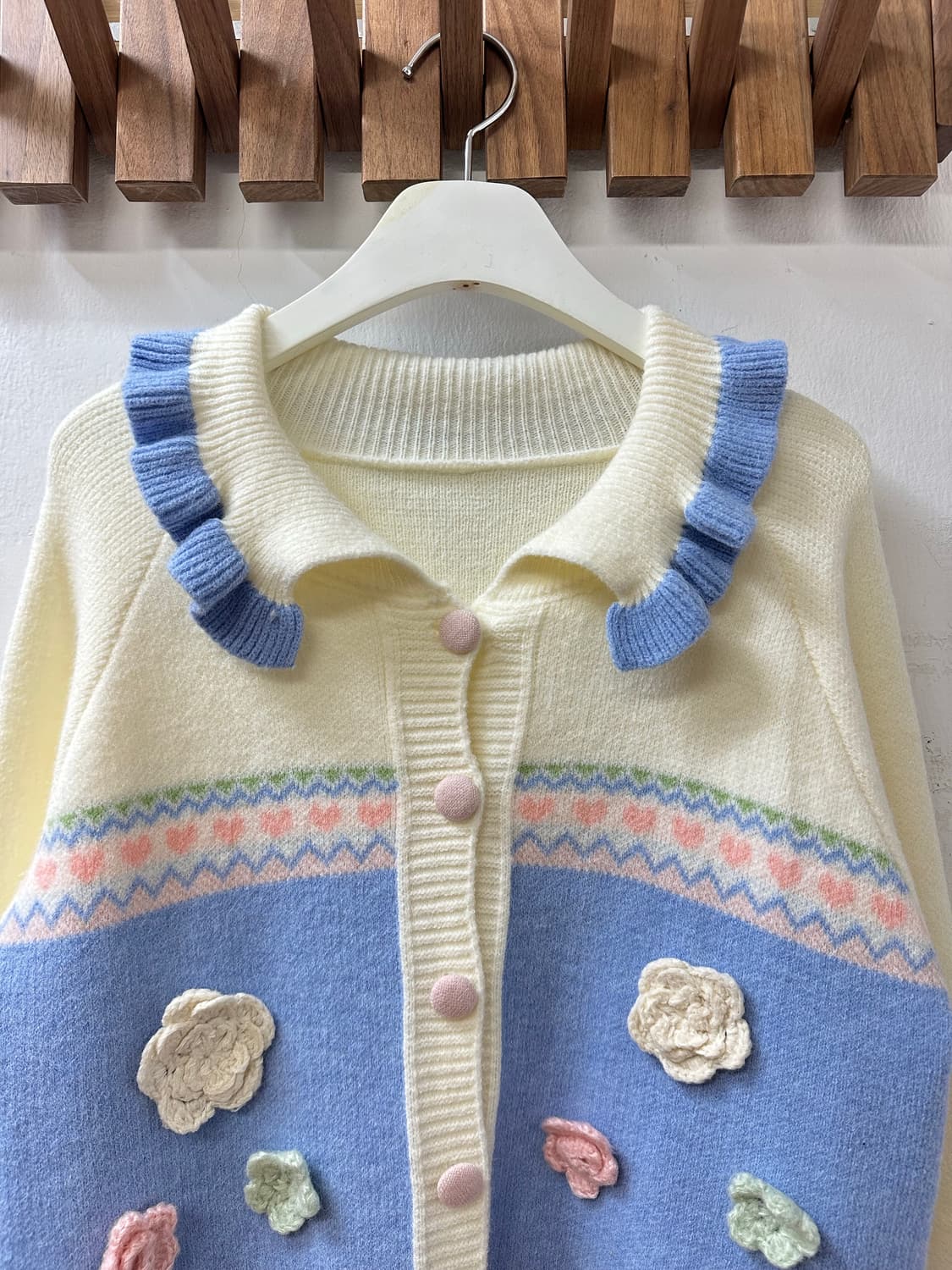 일본빈티지 플라워 크로셰 디테일 프릴 카라 니트 가디건 상품이미지3