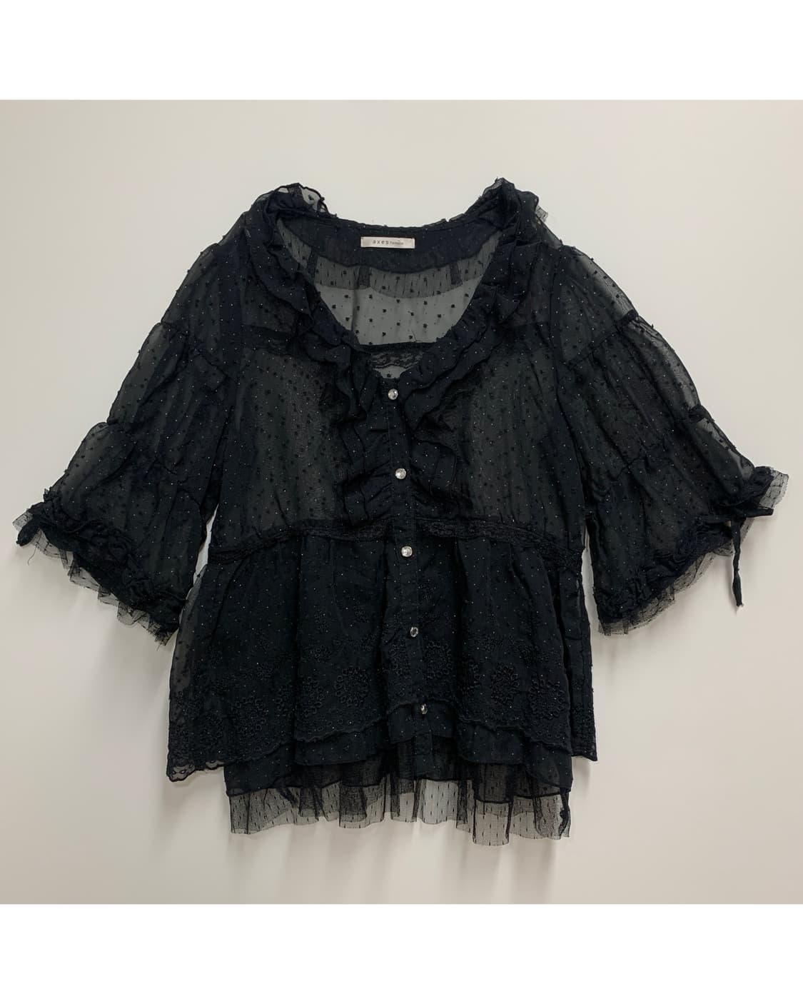 axes femme 블랙 시스루 프릴 반팔 셔츠 상품이미지1