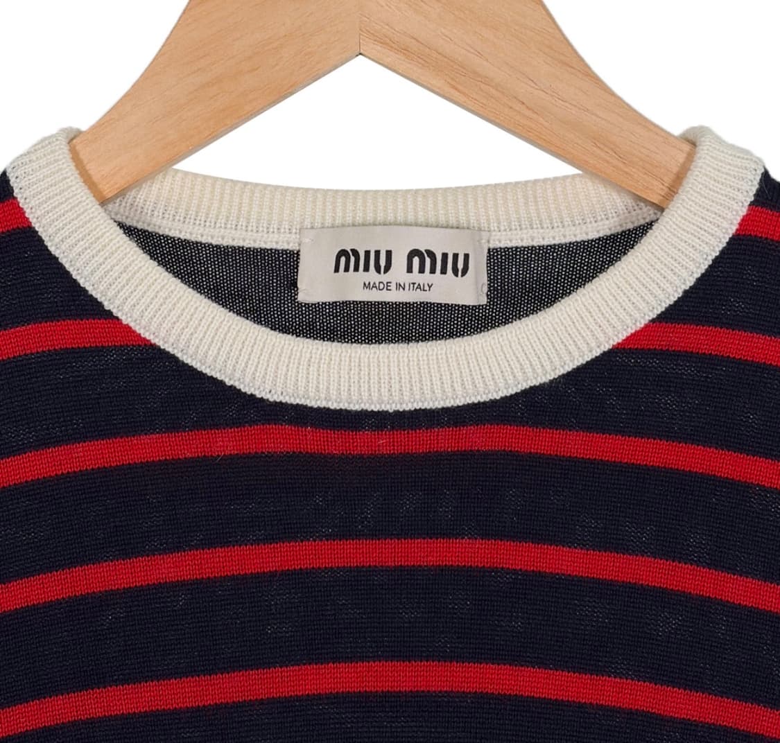 [38] 미우미우 여성 울 자수 로고 크루넥 니트 탑 스웨터 네이비 상품이미지7