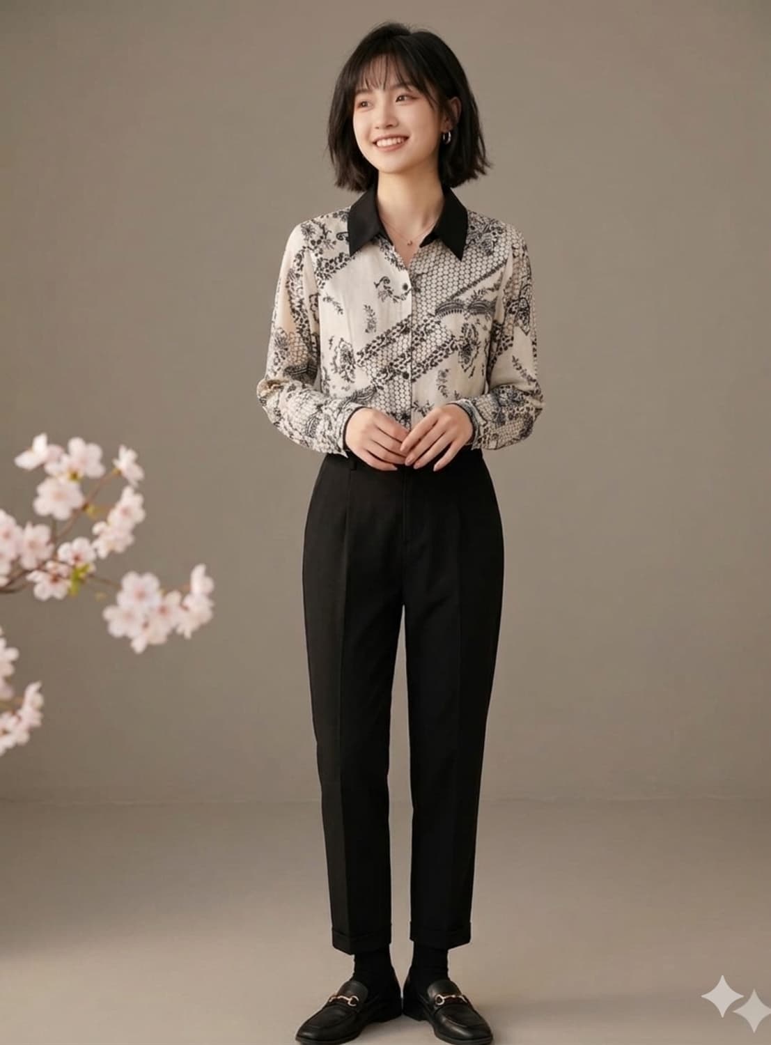 카타리나 아이보리 블랙 카라 플라워 자수 블라우스 55 상품이미지1