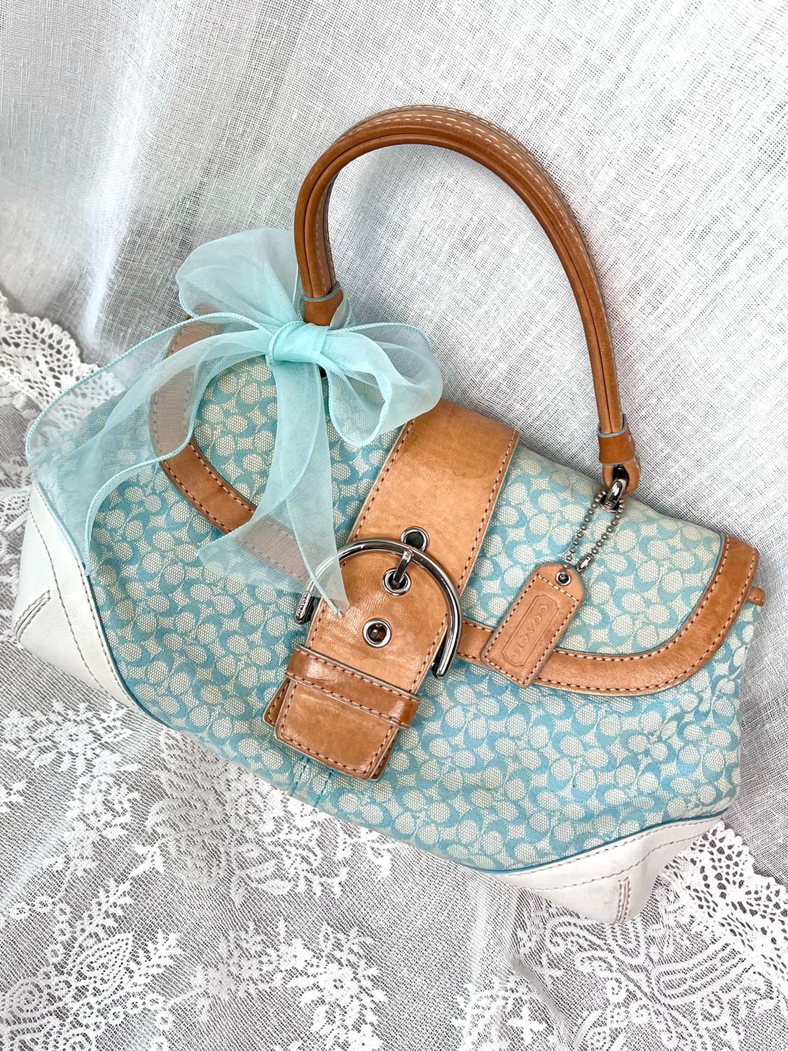 90s coach 민트 시그니처 자카드 캔버스 카라멜 레더 턴락 소호백 상품이미지1