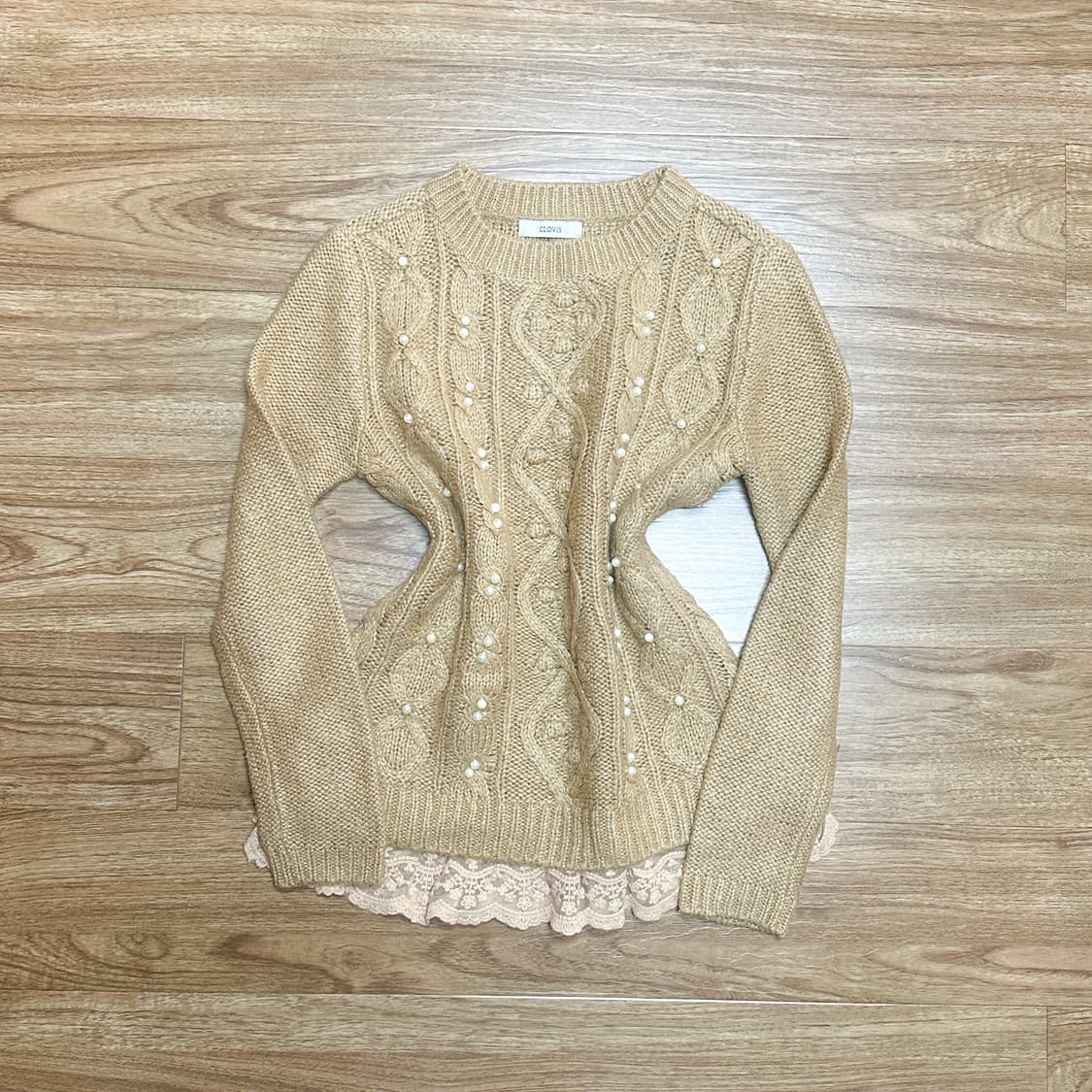 빈티지 진주 레이스 니트 티셔츠 히메갸루 로걀 라떼 리즈리사깔 모리걸 상품이미지1