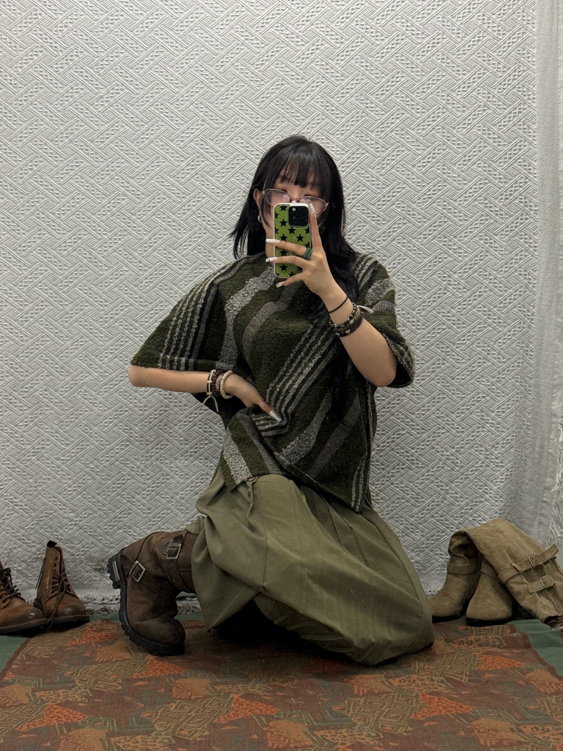 빈티지 코지 단추 언발 말차카키 플리츠 플레어 롱스커트 K0077 상품이미지2