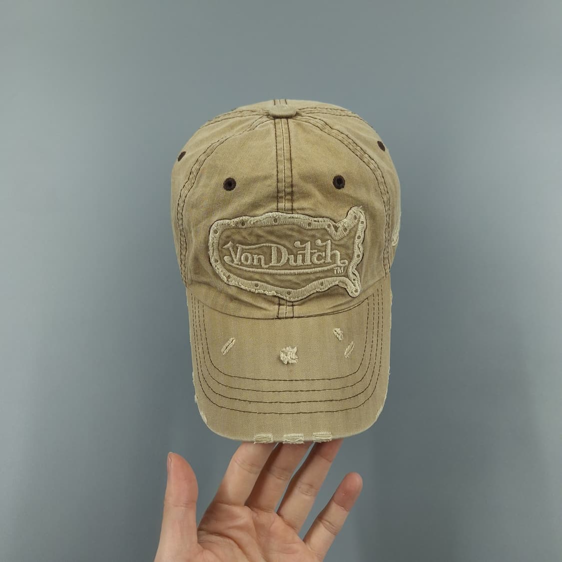 본더치 브라운 데미지드 스펠아웃 로고 레더스트랩 Y2K 6패널 볼캡 모자 상품이미지4