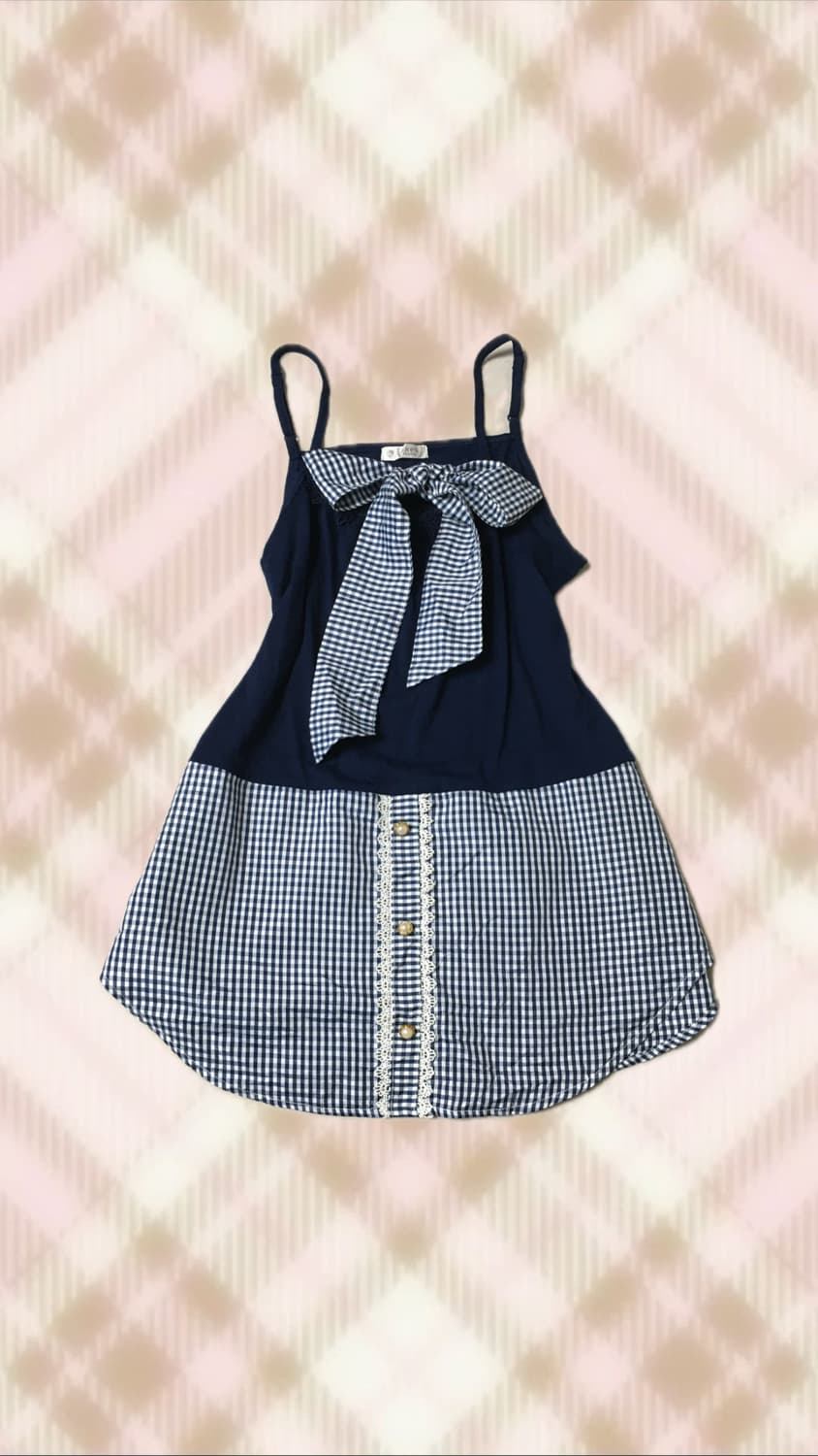 엑시즈팜 체크 레이스 리본 나시 슬리브리스 히메 갸루 러블리 로걀 빈티지 상품이미지1