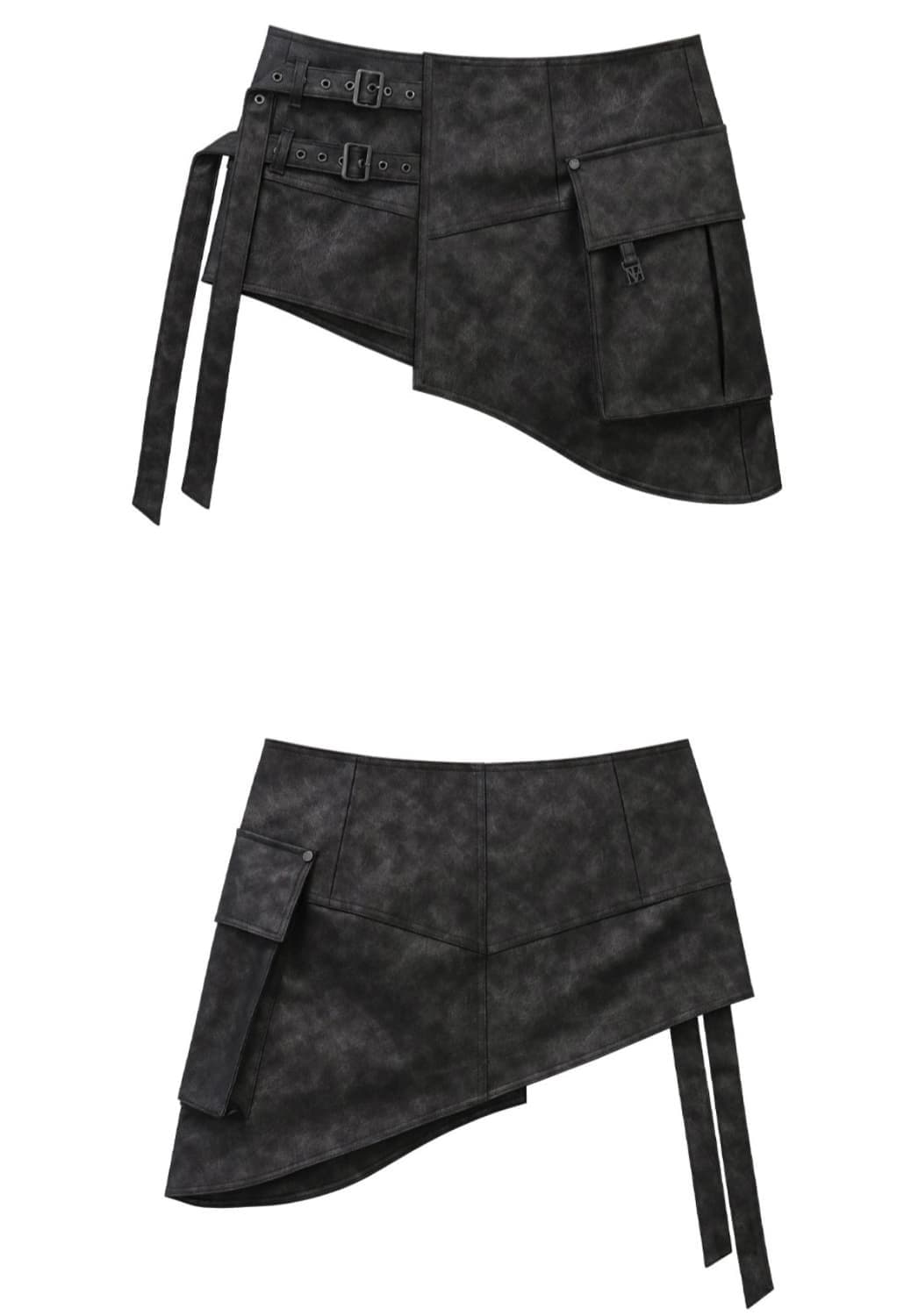 트리밍버드 레더 스트랩 벨트 디테일 레이어드 랩 스커트 다크 그레이 상품이미지7