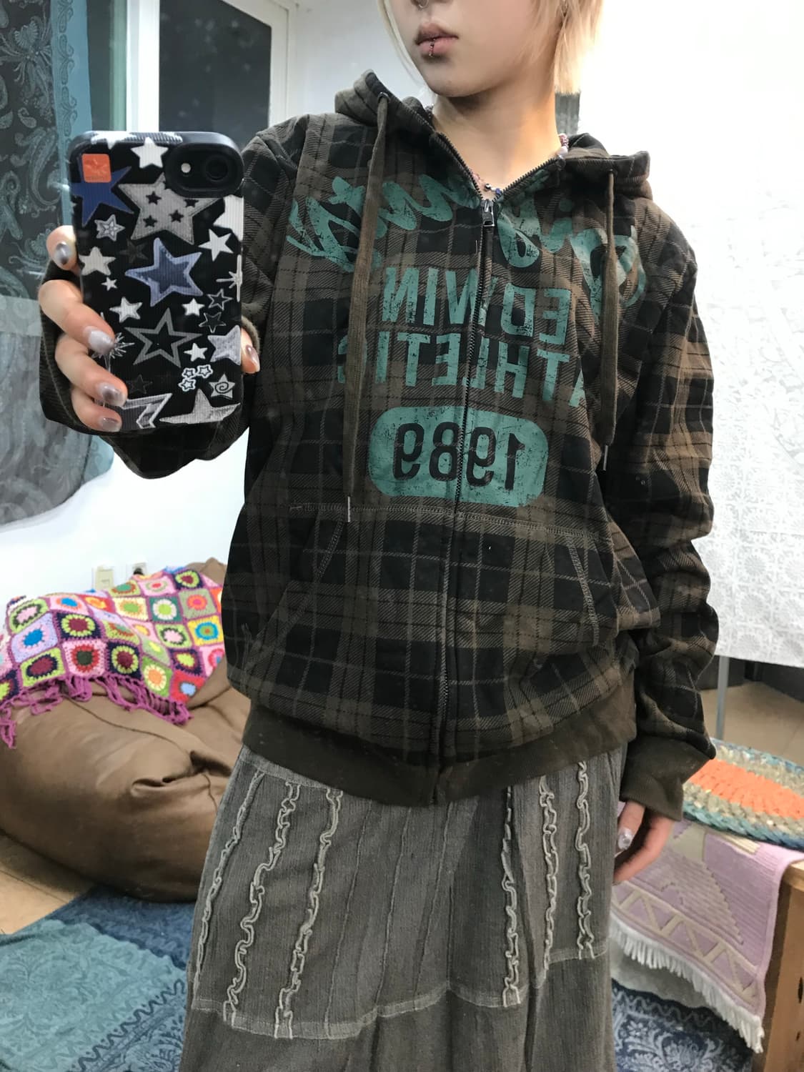 에드윈 빈티지 프린팅 체크 기모 후드집업  상품이미지1