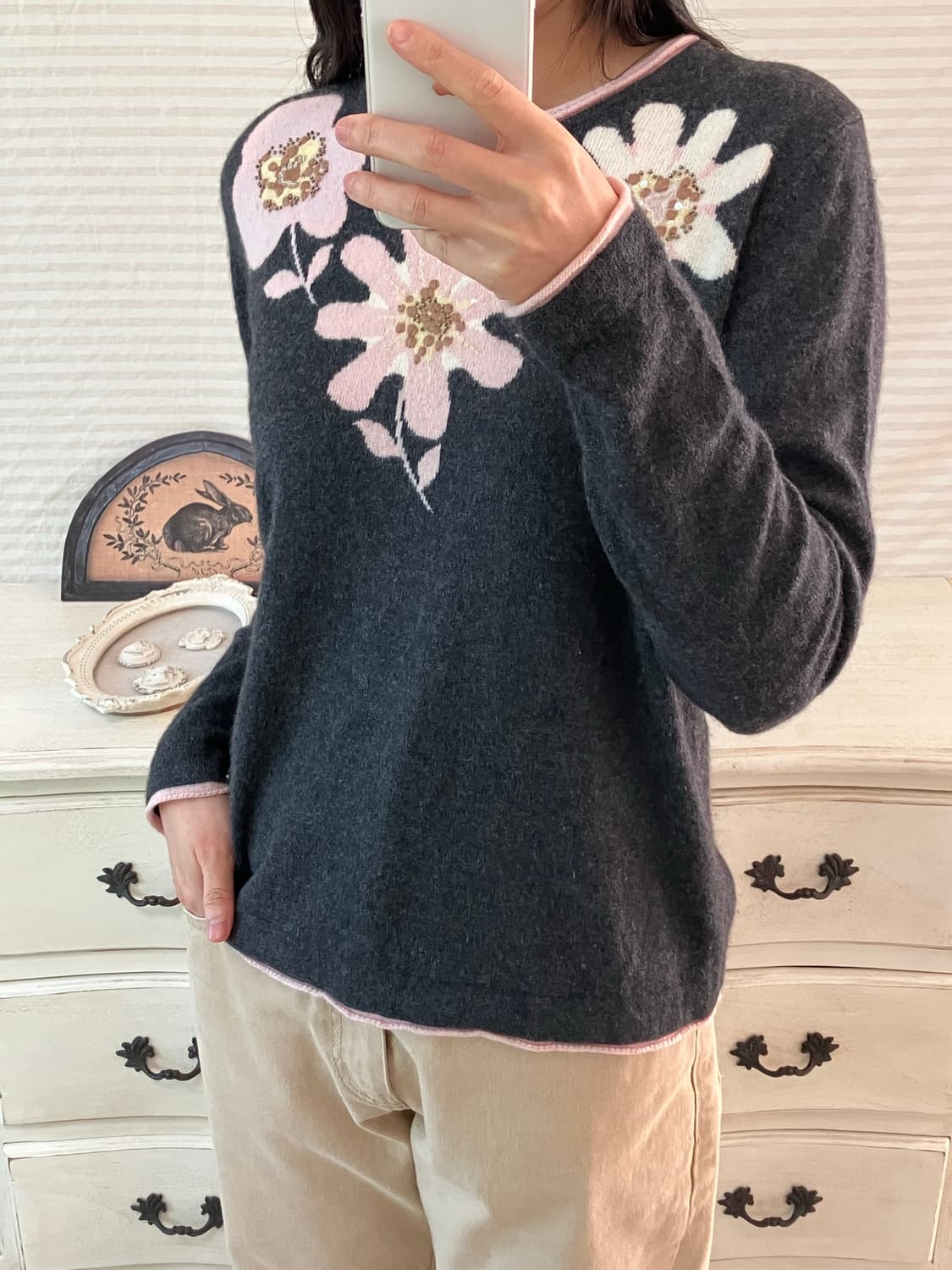 jpn vintage 차콜 플라워패턴 비즈 니트 y2k 스트릿 갸루 펑키 상품이미지3