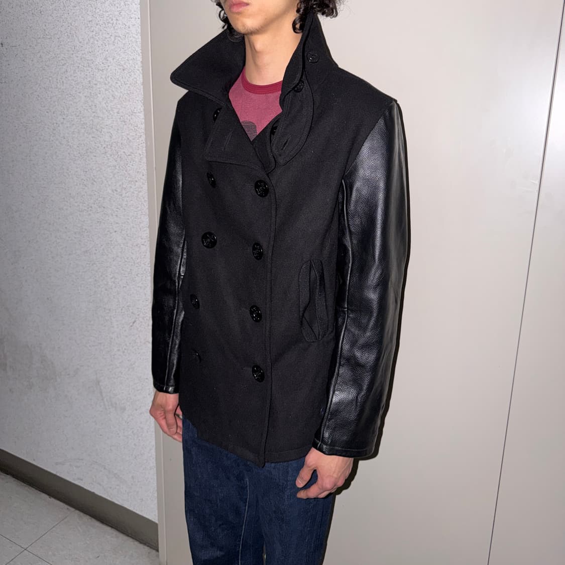 지스타로우 x 마크 뉴슨 레더 슬리브 피코트 상품이미지2