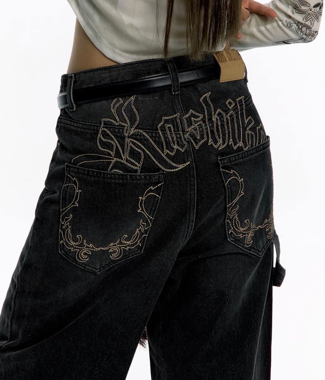 카시코 엠브로이드 워싱 데님팬츠 블랙 s 상품이미지1