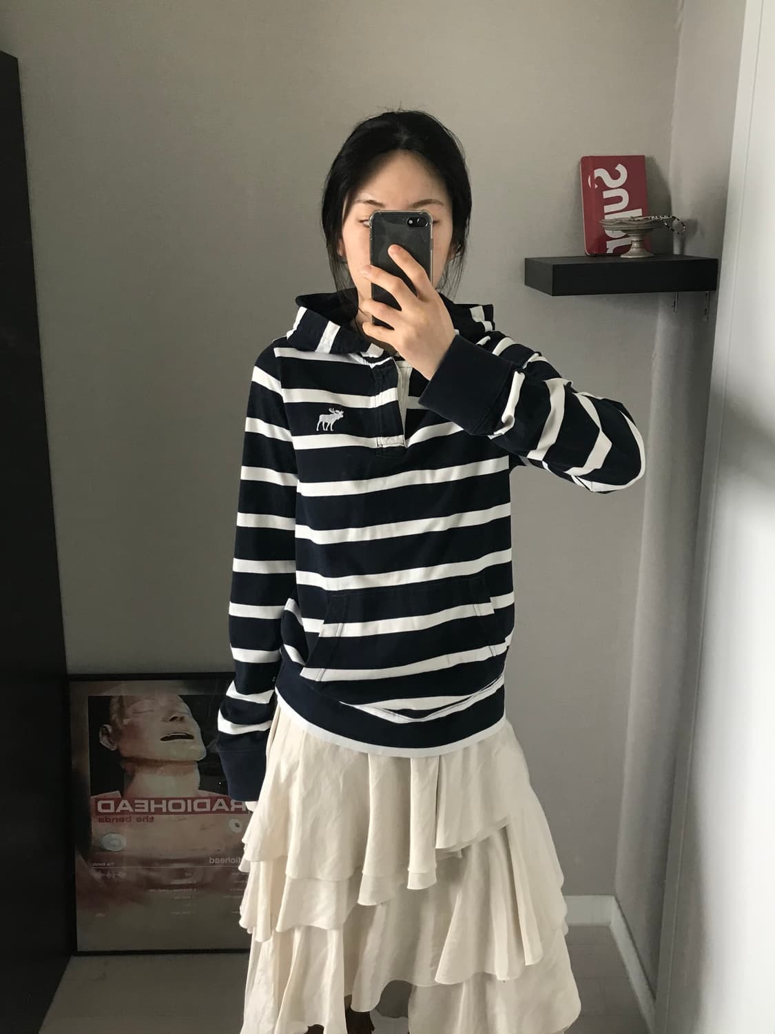 아베크롬비 산양 로고 스트라이프 반집업 버튼 후드 슬리브티 상품이미지1