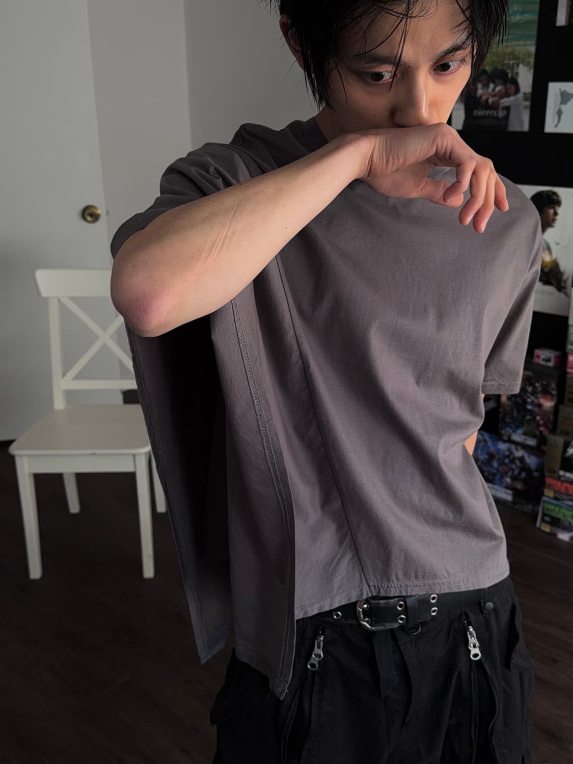 Dou Dou 이레귤러 커버 업 하프 티셔츠 상품이미지1