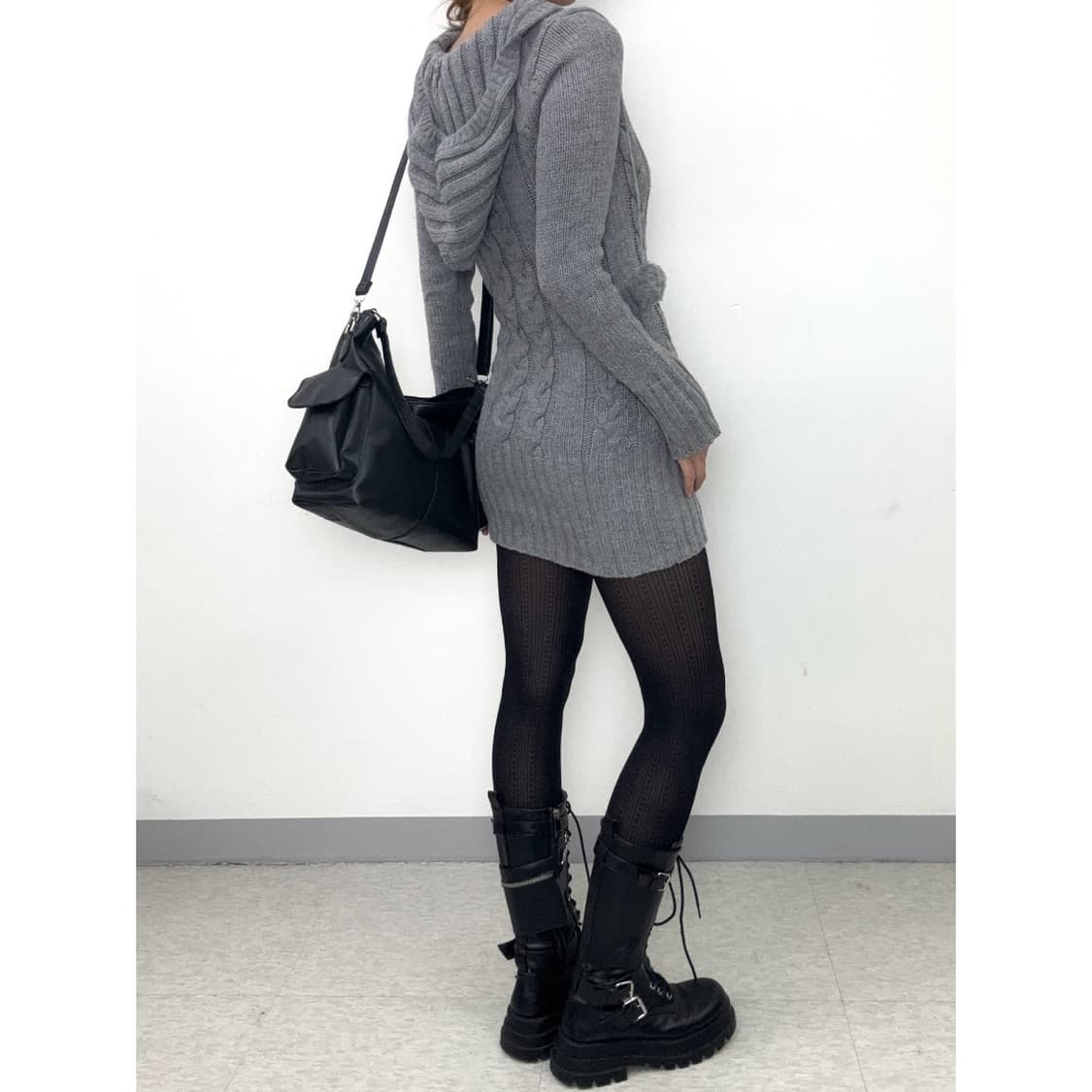 빈티지 그레이 니트 후드 원피스 상품이미지3