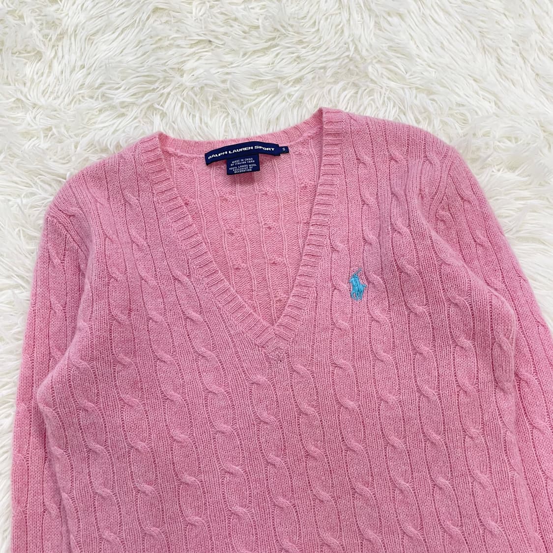 폴로 랄프로렌 포니 로고 램스울 케이블 브이넥 니트 핑크 상품이미지3