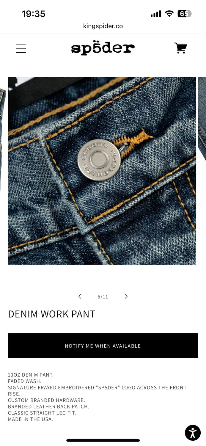 SP5DER DENIM WORK PANT (스파이더 데님팬츠) 30 상품이미지5