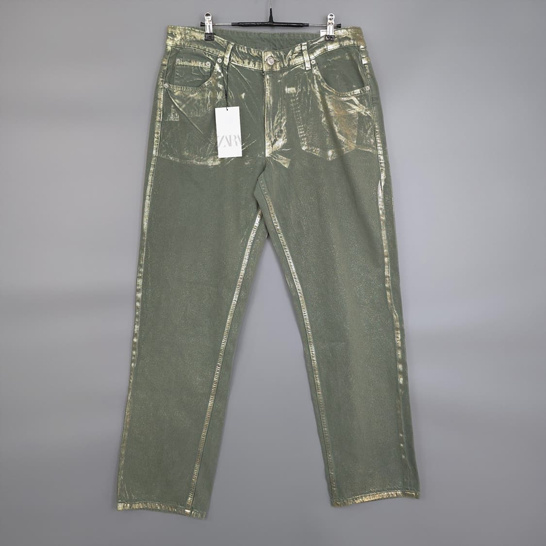새제품) 자라 ZARA 메탈릭 페인트 코튼 진 팬츠 골드카키 34 상품이미지1