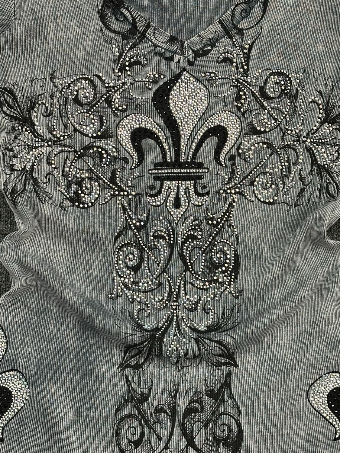 OS)Japanese vintage 여성 문양 비즈 디테일 그레이 반팔 상품이미지2