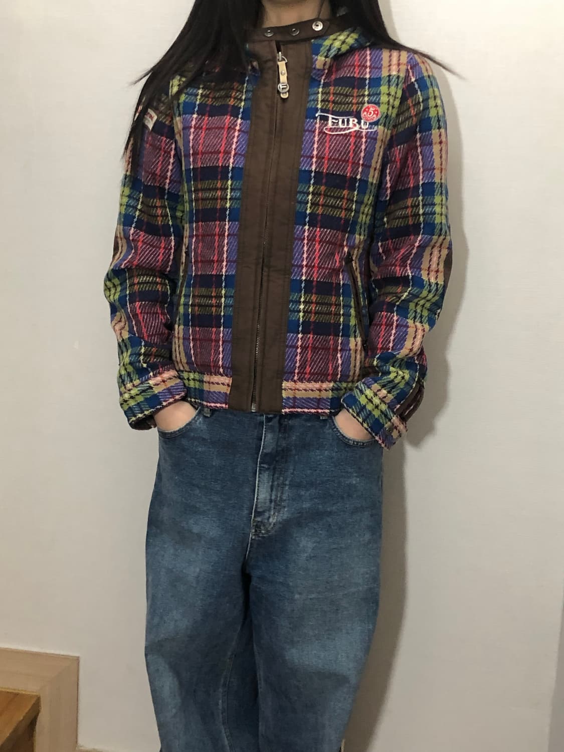 빈티지 푸부 비비드 컬러 체크 패턴 자켓 상품이미지3