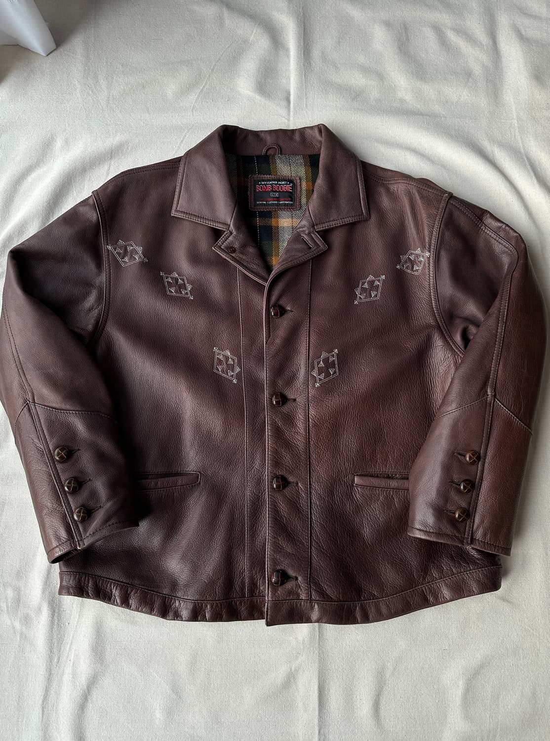 유럽 에스닉 자수 브라운 레더 자켓 L 상품이미지1