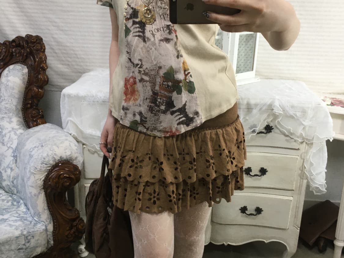 일본빈티지 브라운 펀칭 캉캉 스커트 상품이미지2