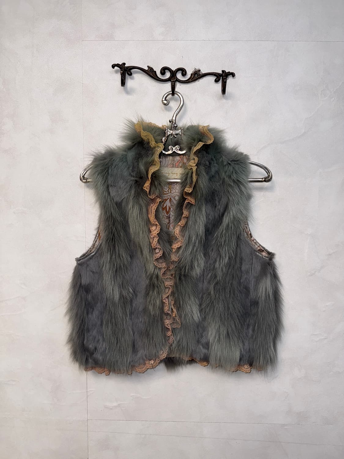 Ash blue rabbit & fox fur lace vest 상품이미지1