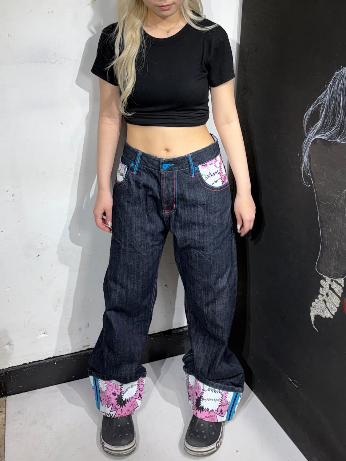 90s JPN 일본 빈티지 락 펑크 프린팅 와이드 데님 팬츠 청바지 상품이미지3