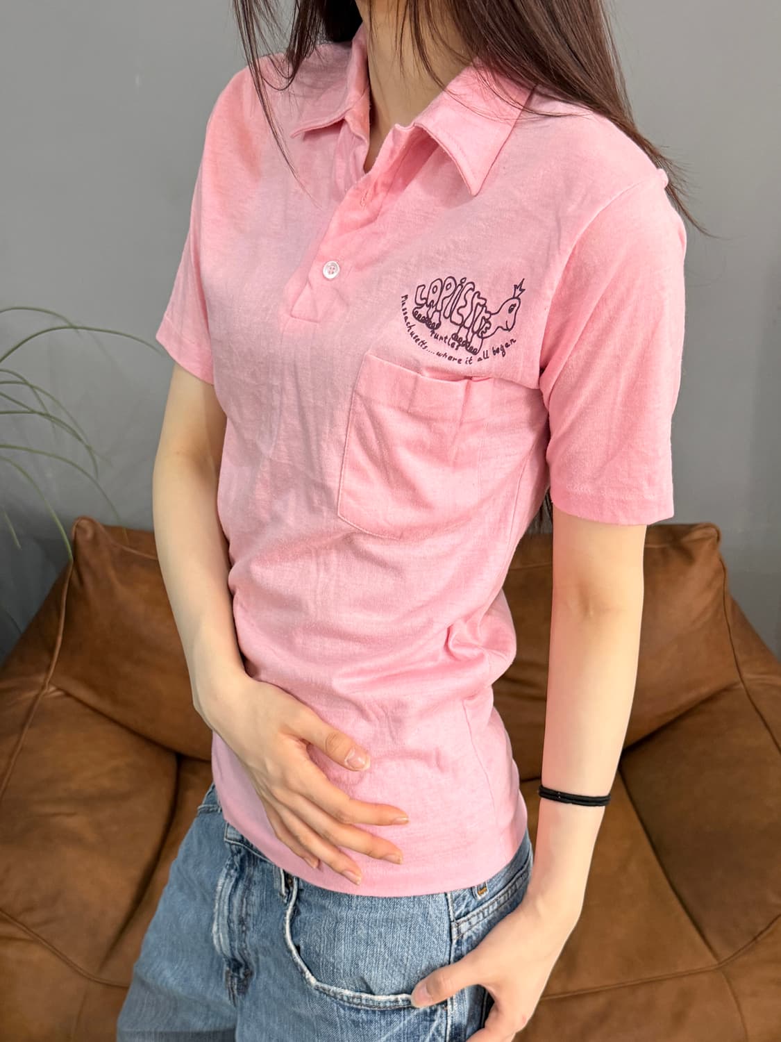 90’s 싱글 스티치 빈티지 핑크 카라 반팔티 상품이미지4