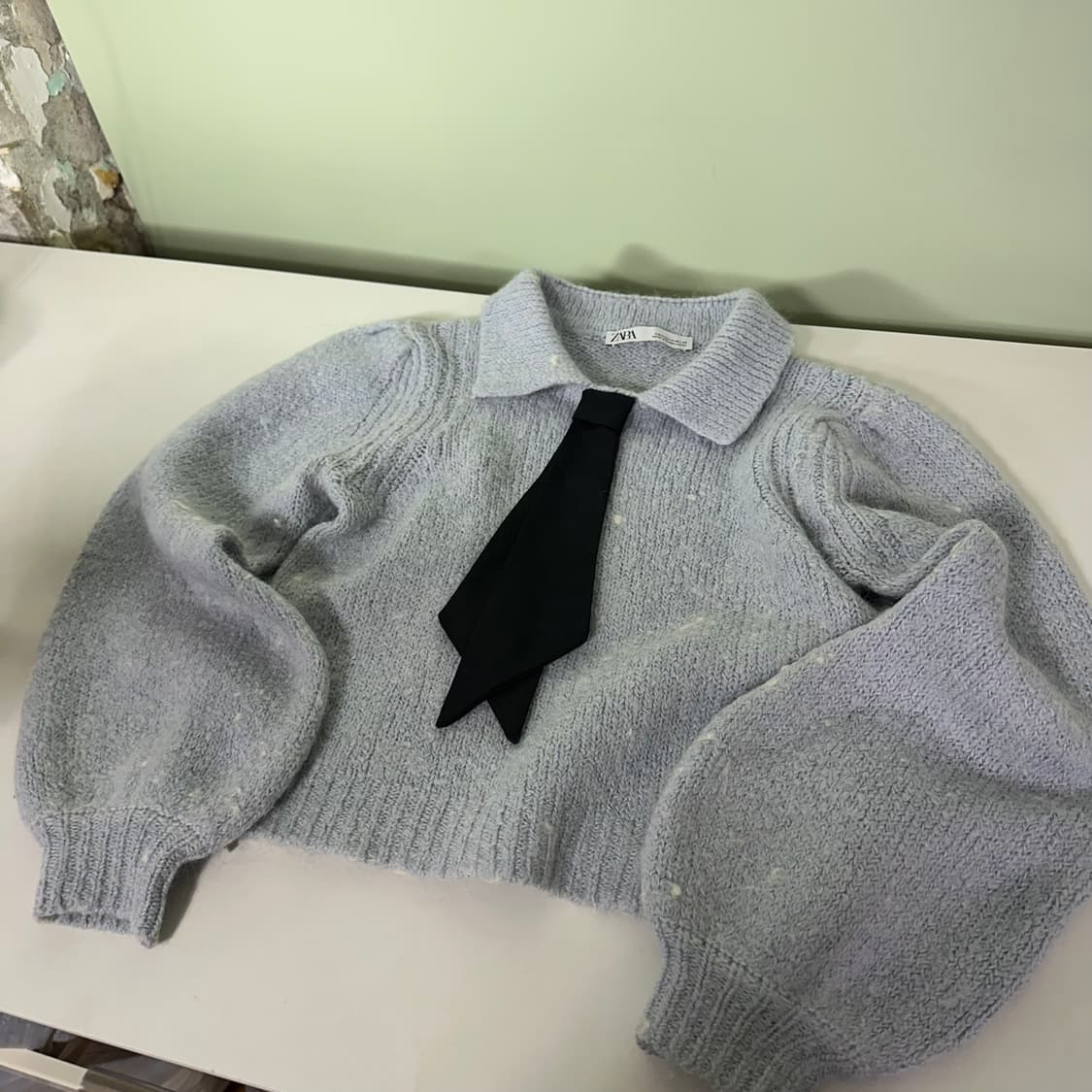 우먼M 자라 스카이블루 나염 타이카라 크롭니트 상품이미지1