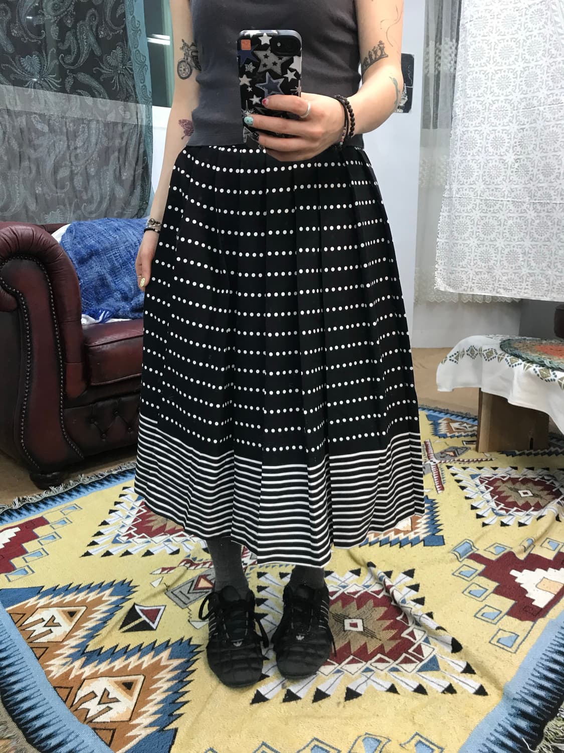 빈티지 여성 도트 스트라이프 미디스커트  상품이미지1