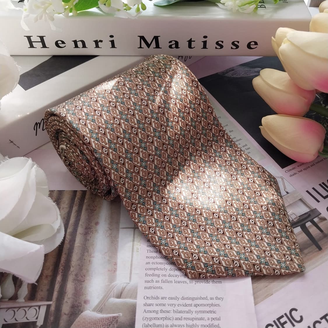 살바토레 페라가모 실크 브라운 패턴 넥타이 9.3cm A+등급 K2401 상품이미지4