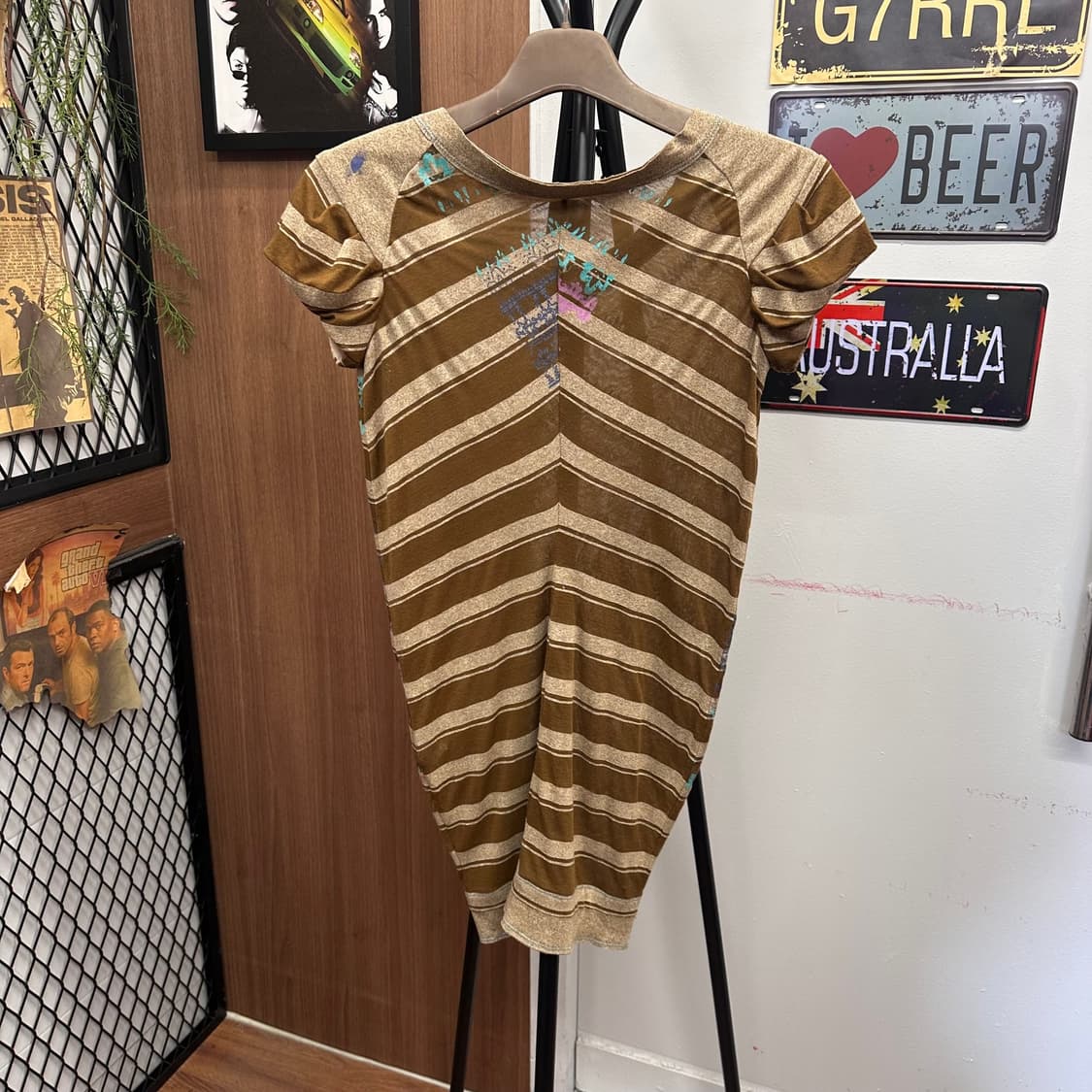 Brown Beige Striped Reprint Sheer Dress  상품이미지2