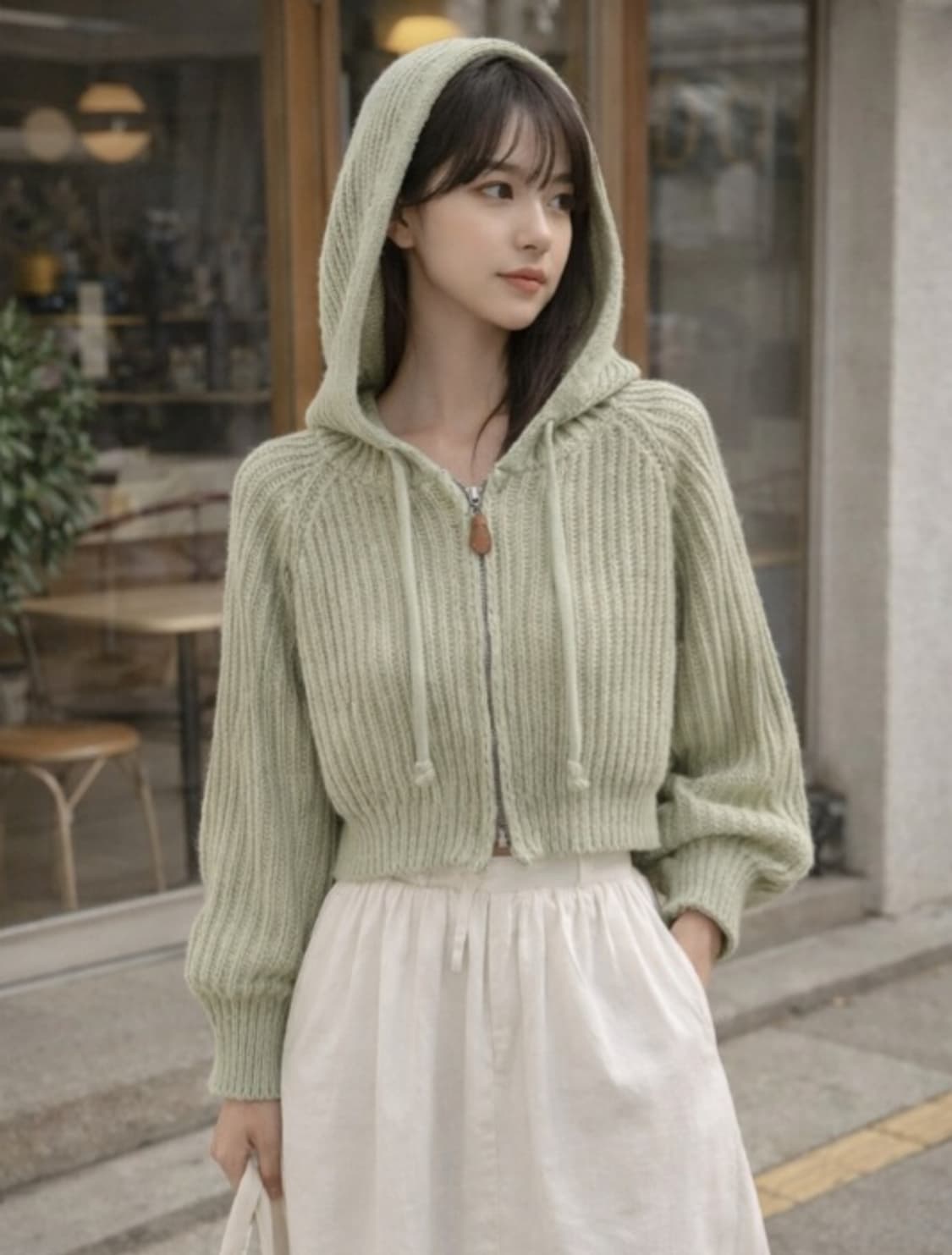 세이지 크롭 니트 후드집업 / 여리핏 볼륨소매 피스타치오 봄후드니트 상품이미지5