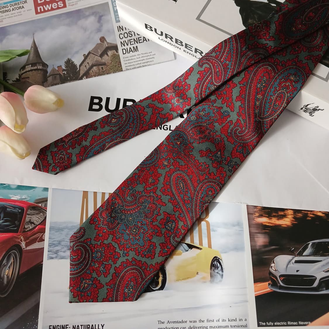 버버리 실크 카키&레드 페이즐리 넥타이 9.1cm A등급 A19360
 상품이미지3
