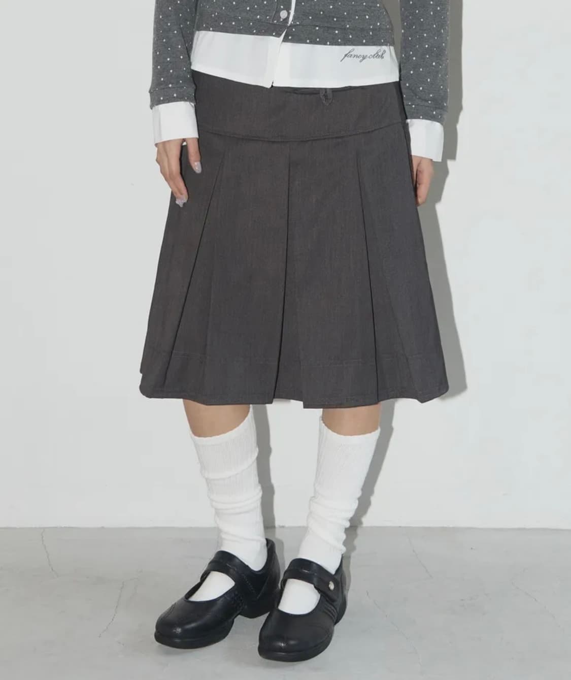 포멀 버튼 플리츠 미디 스커트 (GRAY)_F24QD871 상품이미지1