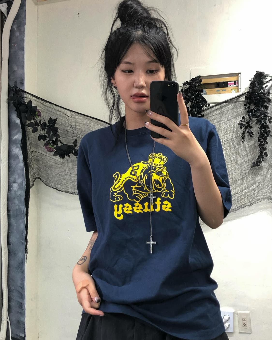 스투시 네이비 옐로우 프린팅 반팔 탑 상품이미지1