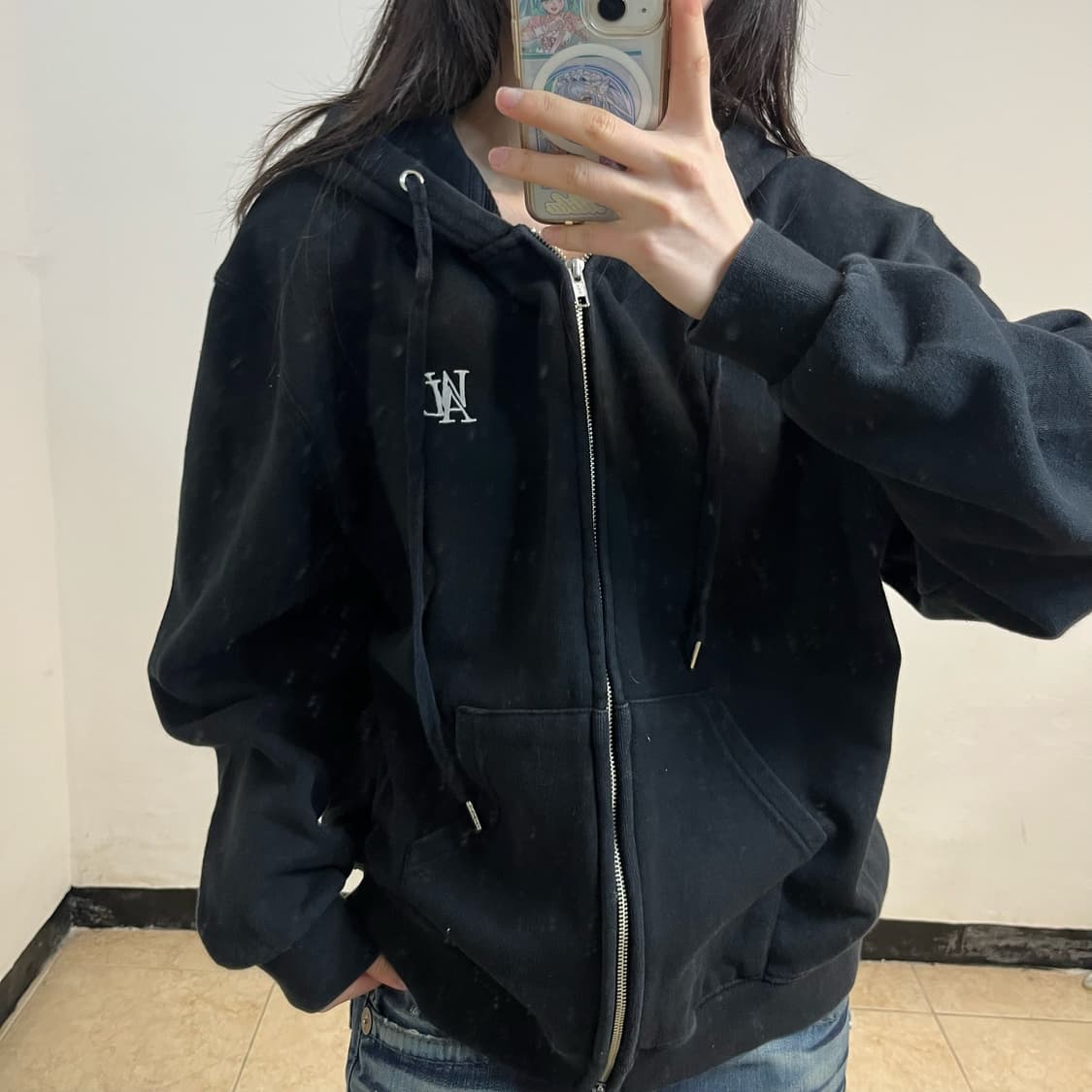 WOOALONG black hoodie zip-up 상품이미지3