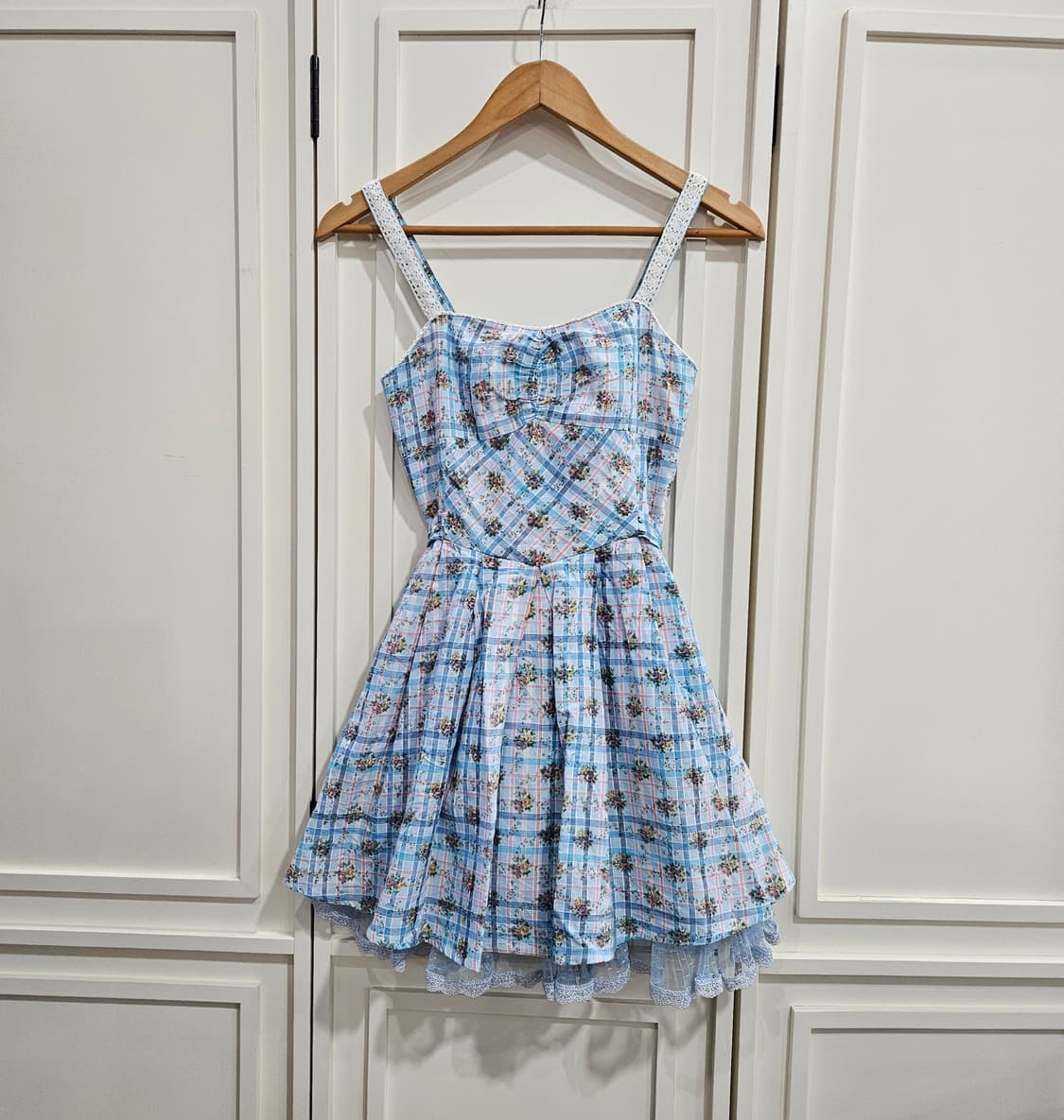 블루 체크 플라워 레이스 원피스 상품이미지1