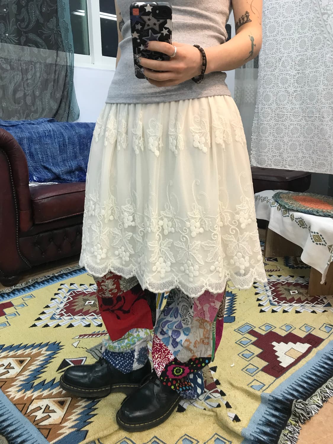 빈티지 플라워패턴 자수 레이스 밴딩 미디스커트(Z1000) 상품이미지1