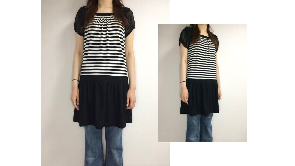 빈티지 스트라이프 리본 퍼프 원피스 튜닉 상품이미지1