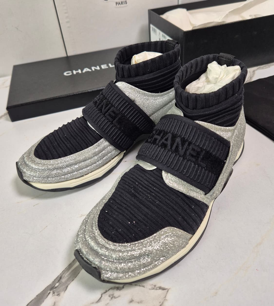 (정품) 샤넬 삭스 미드컷 글리터 스니커즈 35 상품이미지7