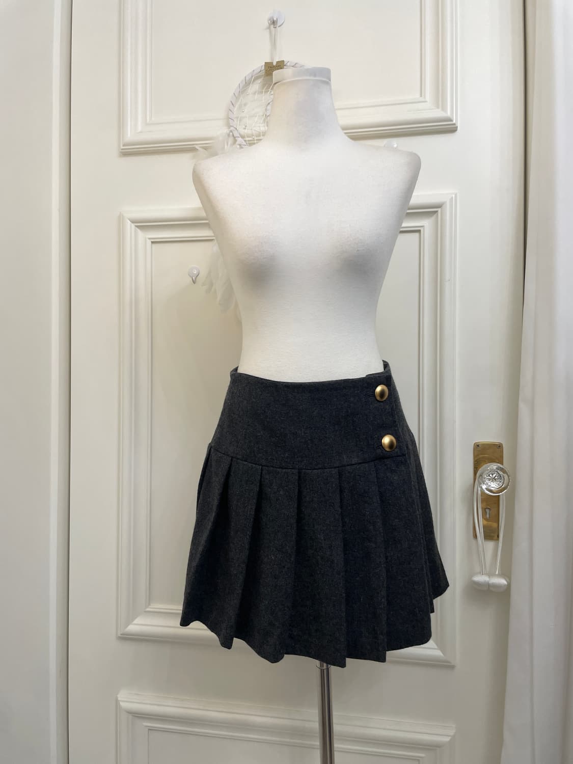charcoal gold button pleats wool mini sk 상품이미지1