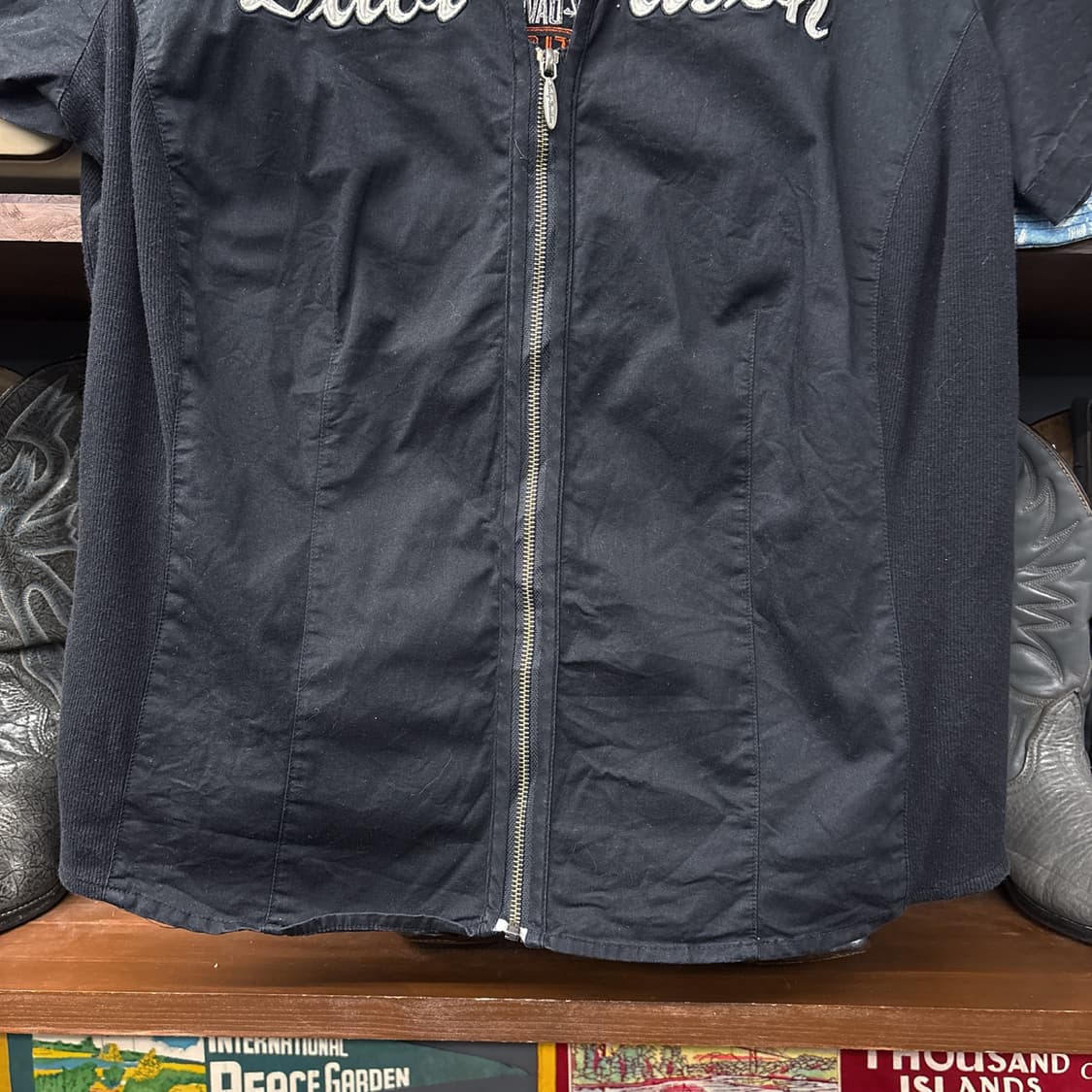 할리데이비슨 Y2K 스판라이닝 윙로고 패치 오픈카라 집업셔츠 N1069 상품이미지4