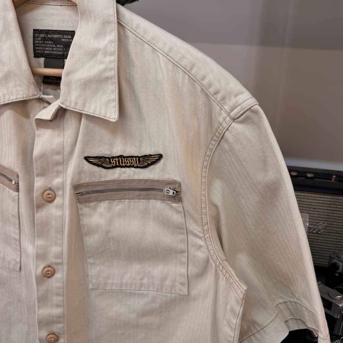 00'S STUSSY 밀리터리 반팔 셔츠 헤링본 원단 M L 상품이미지3