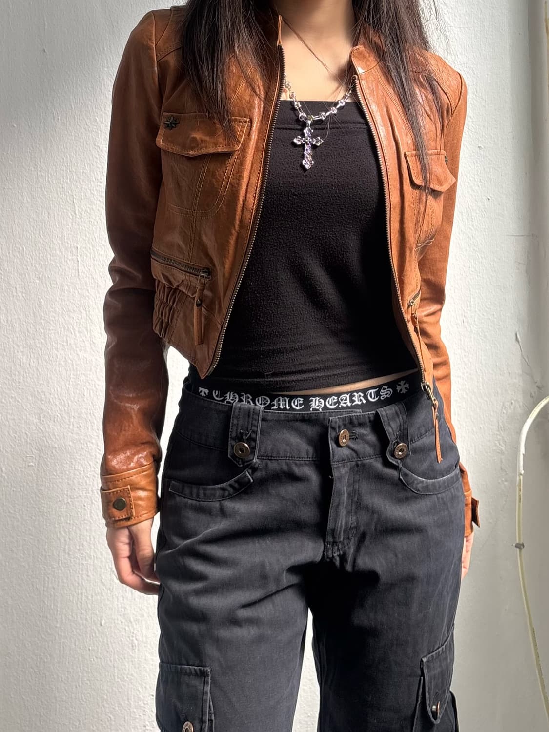 Vintage Brown Crop Leather Jacket 상품이미지6