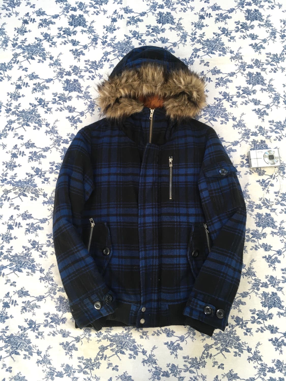 일본빈티지 블루 블랙 체크 후드 패딩 점퍼 상품이미지6