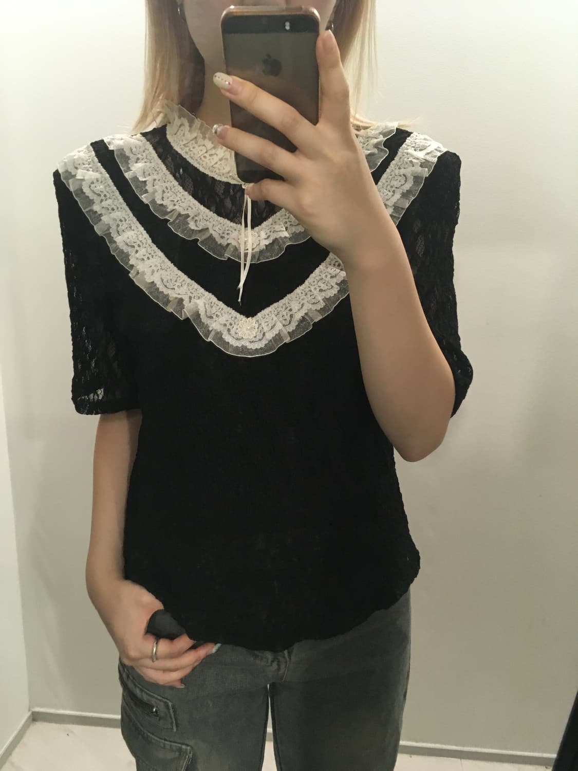jpn vintage 블랙 로걀 러플 레이스 블라우스 상품이미지1