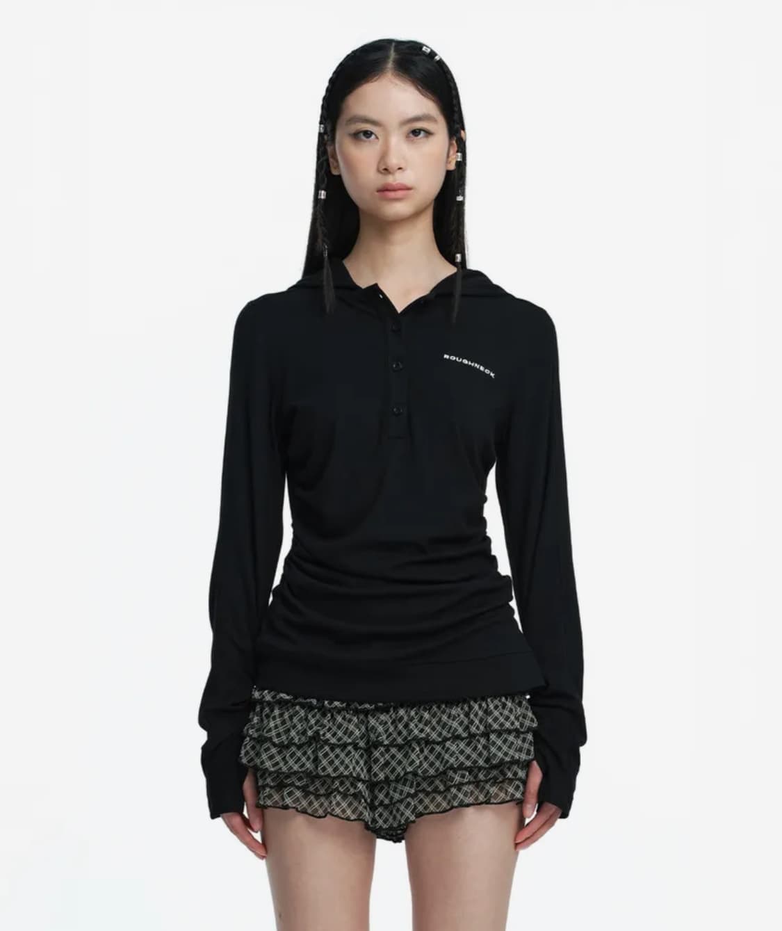 러프넥 헨리 후드 롱 슬리브 탑 블랙팝니다 상품이미지1