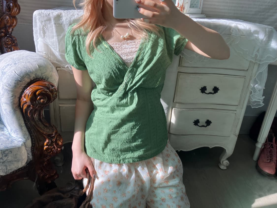 빈티지 그린 리본 블라우스 상품이미지1